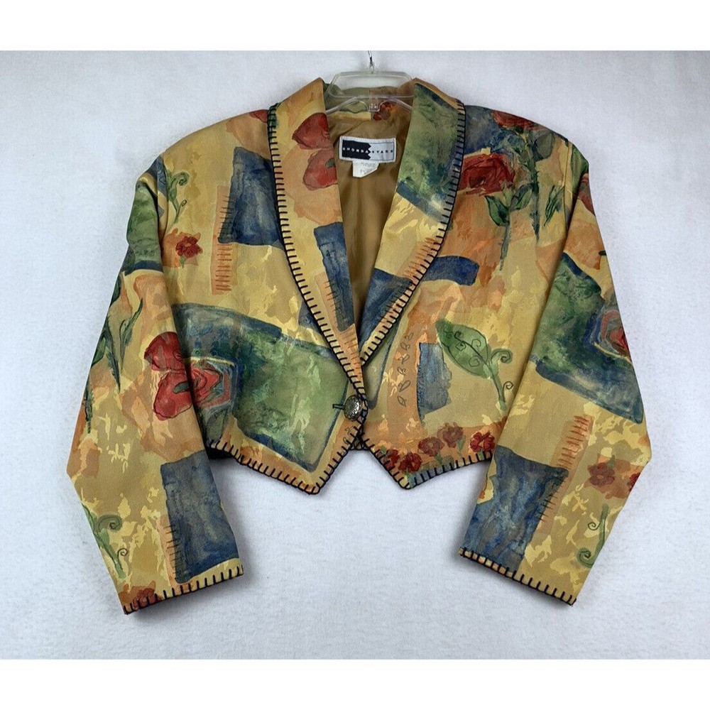 Rhonda Stark Cropped Southwestern Floral Jacket Sz L Petite Boho Shoulder Pads